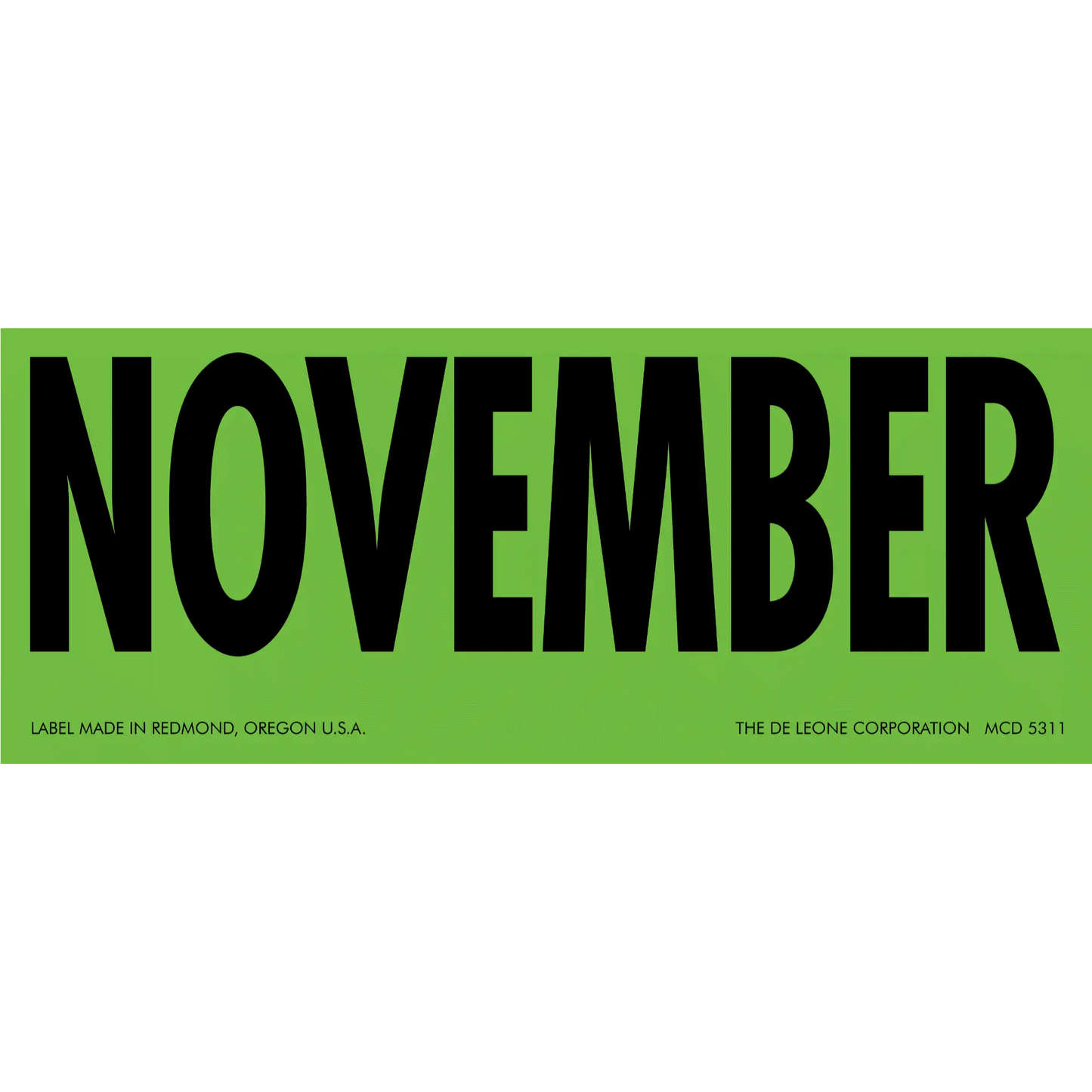 Green label with ’NOVEMBER’ printed in black text.