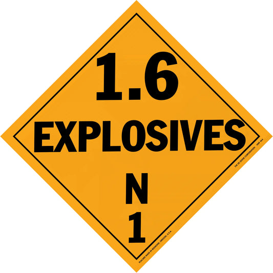 Orange diamond-shaped hazard placard displaying ’1.6 EXPLOSIVES N1’’ in black text.