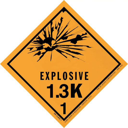 Diamond-shaped orange hazard warning sign for explosive material class 1.3K.