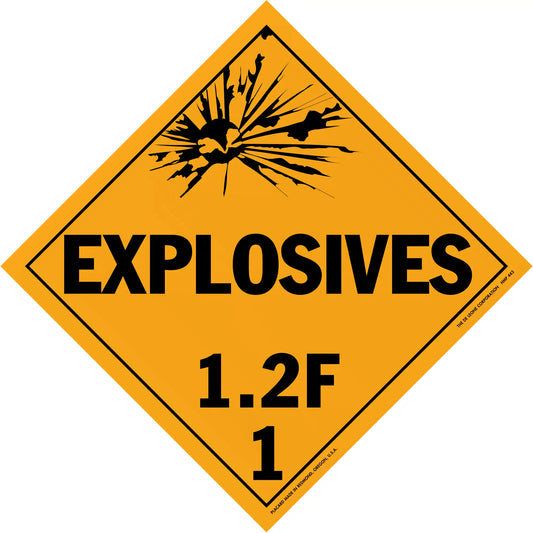 Diamond-shaped orange warning sign for explosives with classification 1.2F.