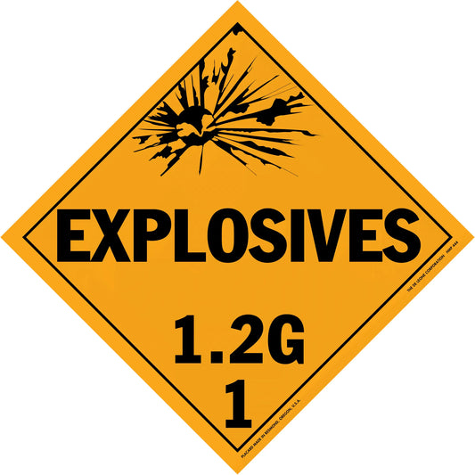 Diamond-shaped orange warning sign for explosives class 1.2G hazardous materials.