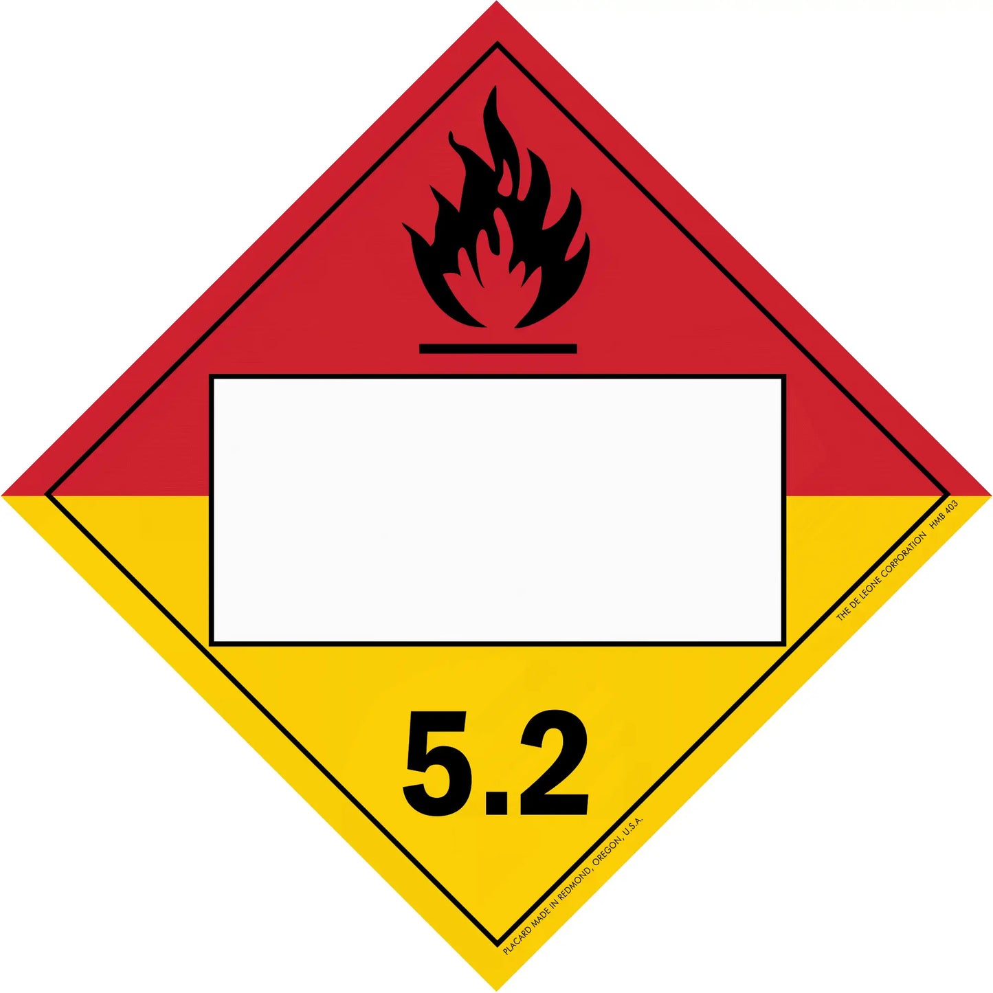 Hazardous material warning placard for Division 5.2 organic peroxides with flame symbol.