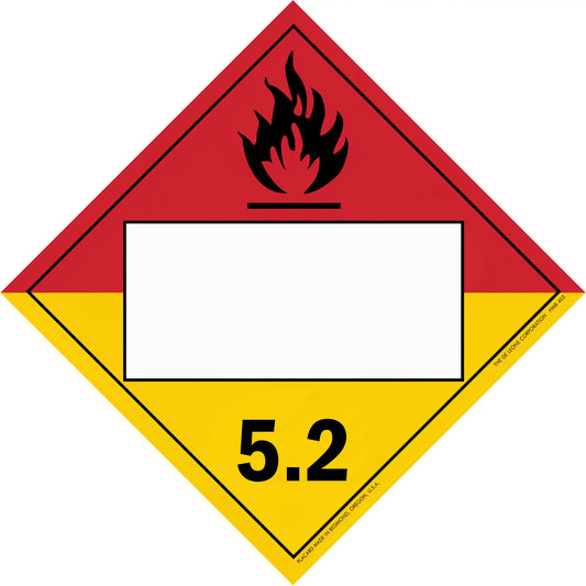 Hazardous material warning placard for Division 5.2 organic peroxides with flame symbol.