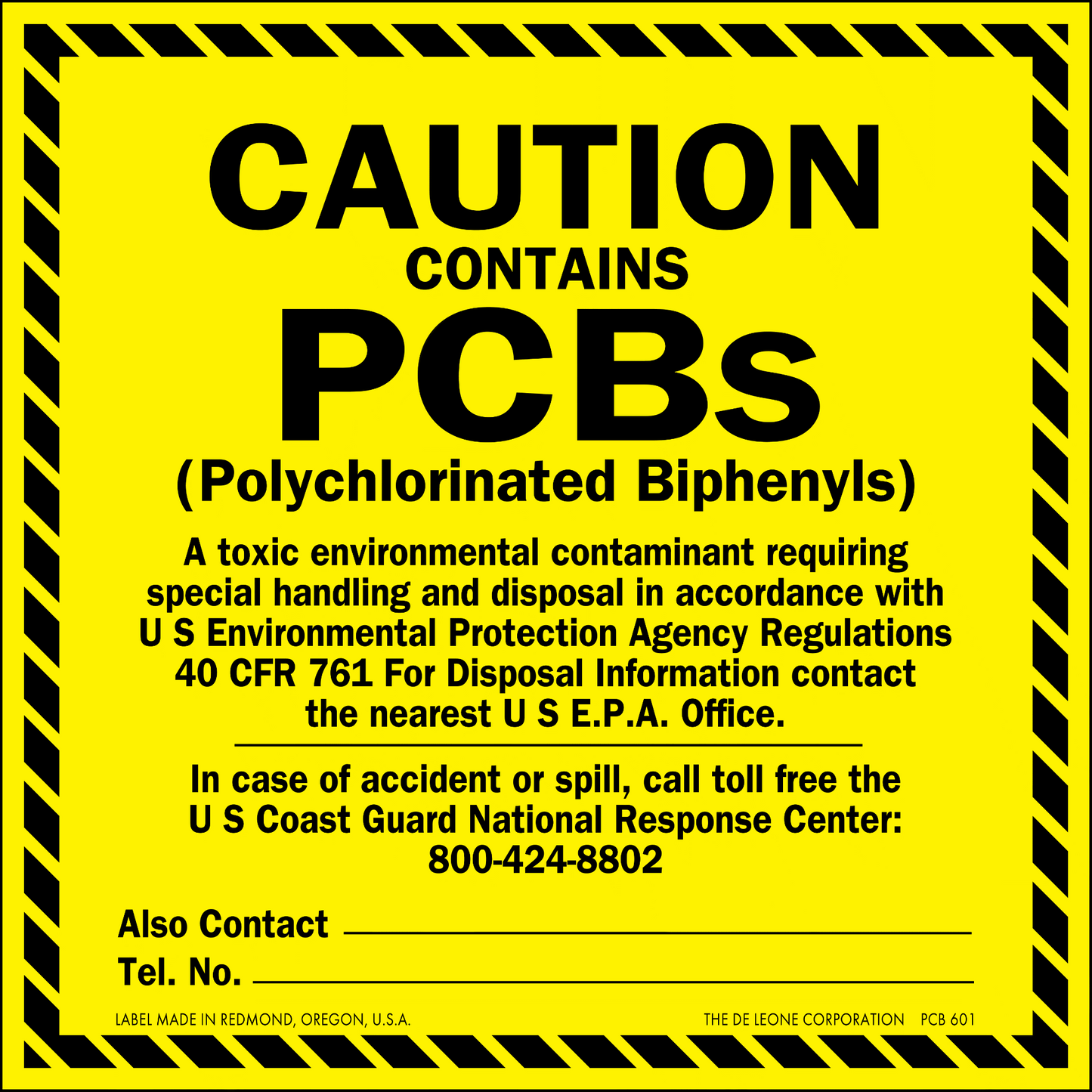 Yellow CAUTION CONTAINS PCBs label with black text and a striped border.