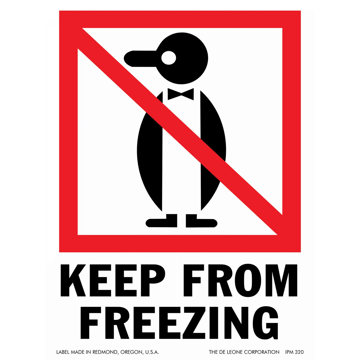 A warning sign showing a penguin with a bow tie inside a red and white prohibition symbol.