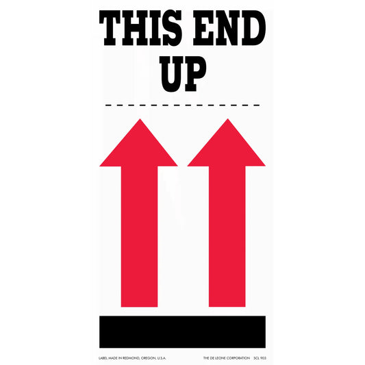Simple shipping label with black text ’THIS END UP’ and two red upward-pointing arrows.