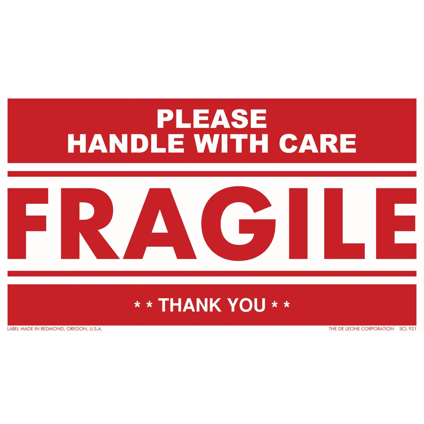 Red and white ’FRAGILE - PLEASE HANDLE WITH CARE’ shipping label.