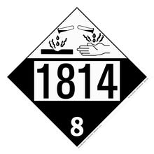 Black and white hazardous material placard with number 1814 and corrosive symbol showing hands being damaged.