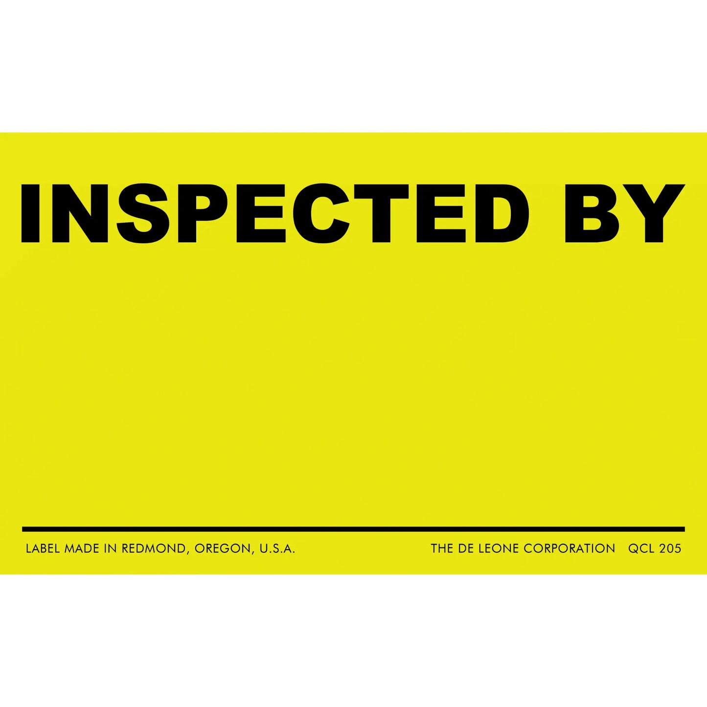 Yellow inspection label with black text reading ’INSPECTED BY’ and a blank line below.