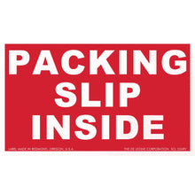 Red and white shipping label that reads ’PACKING SLIP INSIDE’