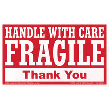 Red and white ’HANDLE WITH CARE - FRAGILE - Thank You’ shipping label.