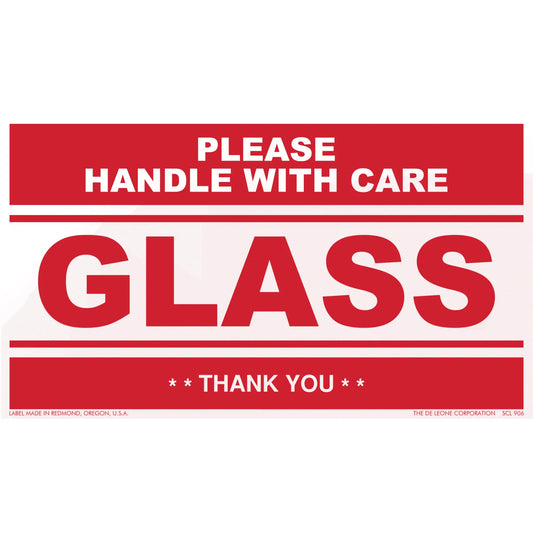 Red and white warning label for fragile glass items.