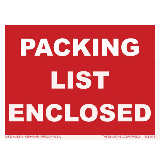 Red and white shipping label that reads ’PACKING LIST ENCLOSED’