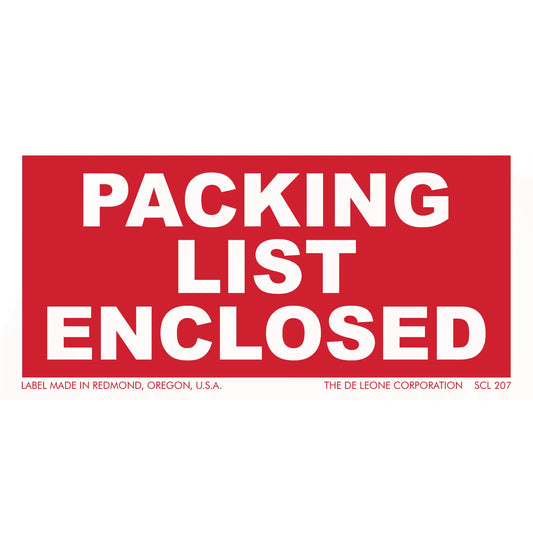Red and white ’PACKING LIST ENCLOSED’ shipping label.