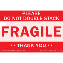 Red and white ’FRAGILE’ shipping label with handling instructions.