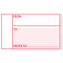 Red and white shipping label with ’FROM:’, ’TO:’ and ’ORDER NO.’ fields.
