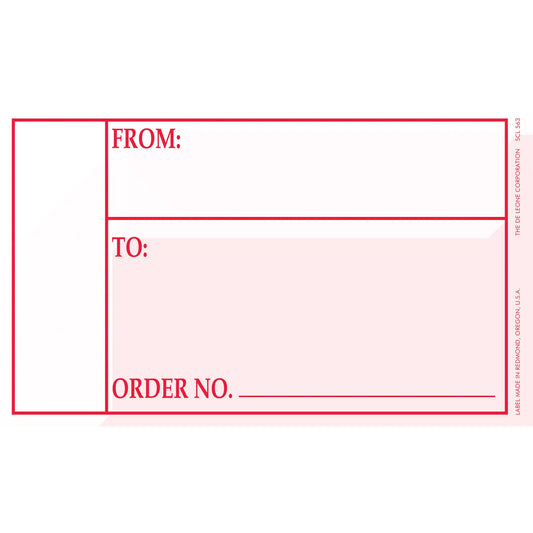 Red and white shipping label with ’FROM:’, ’TO:’ and ’ORDER NO.’ fields.