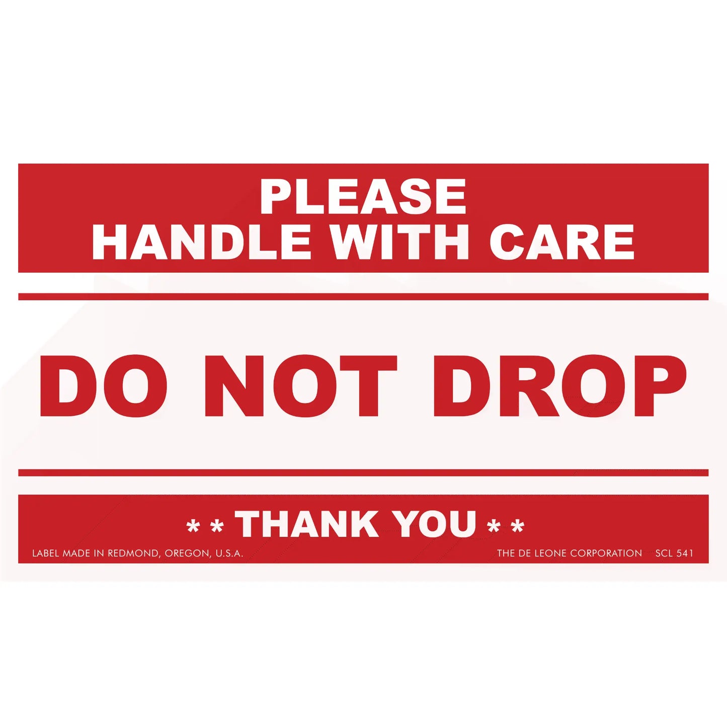 Red and white shipping label with ’PLEASE HANDLE WITH CARE’ and ’DO NOT DROP’ warnings.