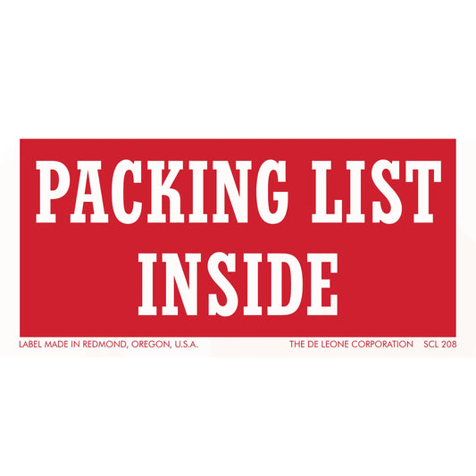 Red and white shipping label that reads ’PACKING LIST INSIDE’