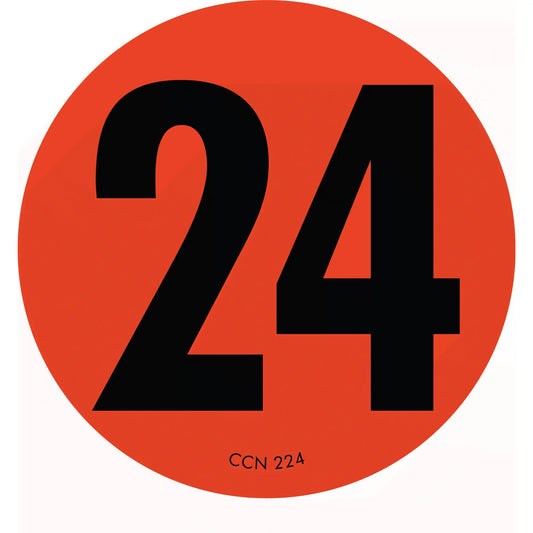 Black number 24 on a red circular background.