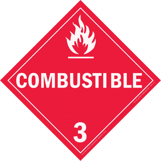 Red diamond-shaped warning sign displaying ’COMBUSTIBLE 3’’ with a flame symbol.