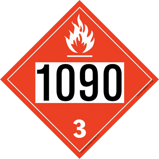Red diamond-shaped hazardous material placard displaying ’1090’’ and a flame symbol with number 3.