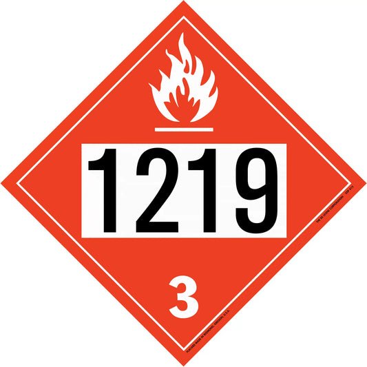 Red diamond-shaped hazardous material placard displaying ’1219’’ and ’3’’ with a flame symbol.