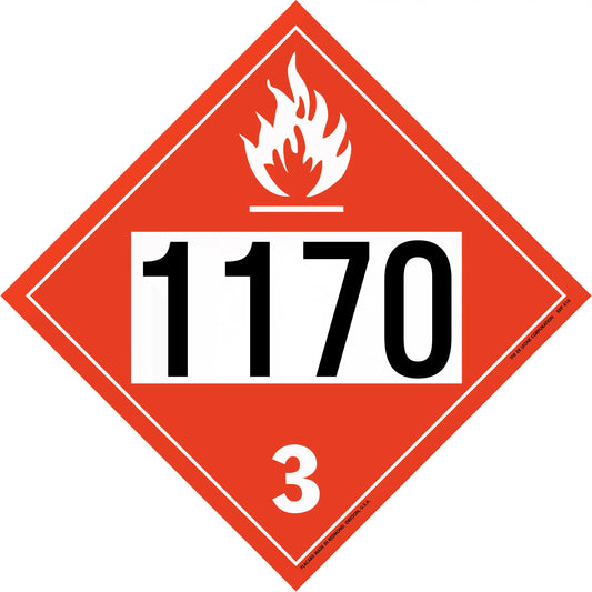 Red diamond-shaped hazardous material placard displaying ’1170’’ with a flame symbol and number ’3’’.