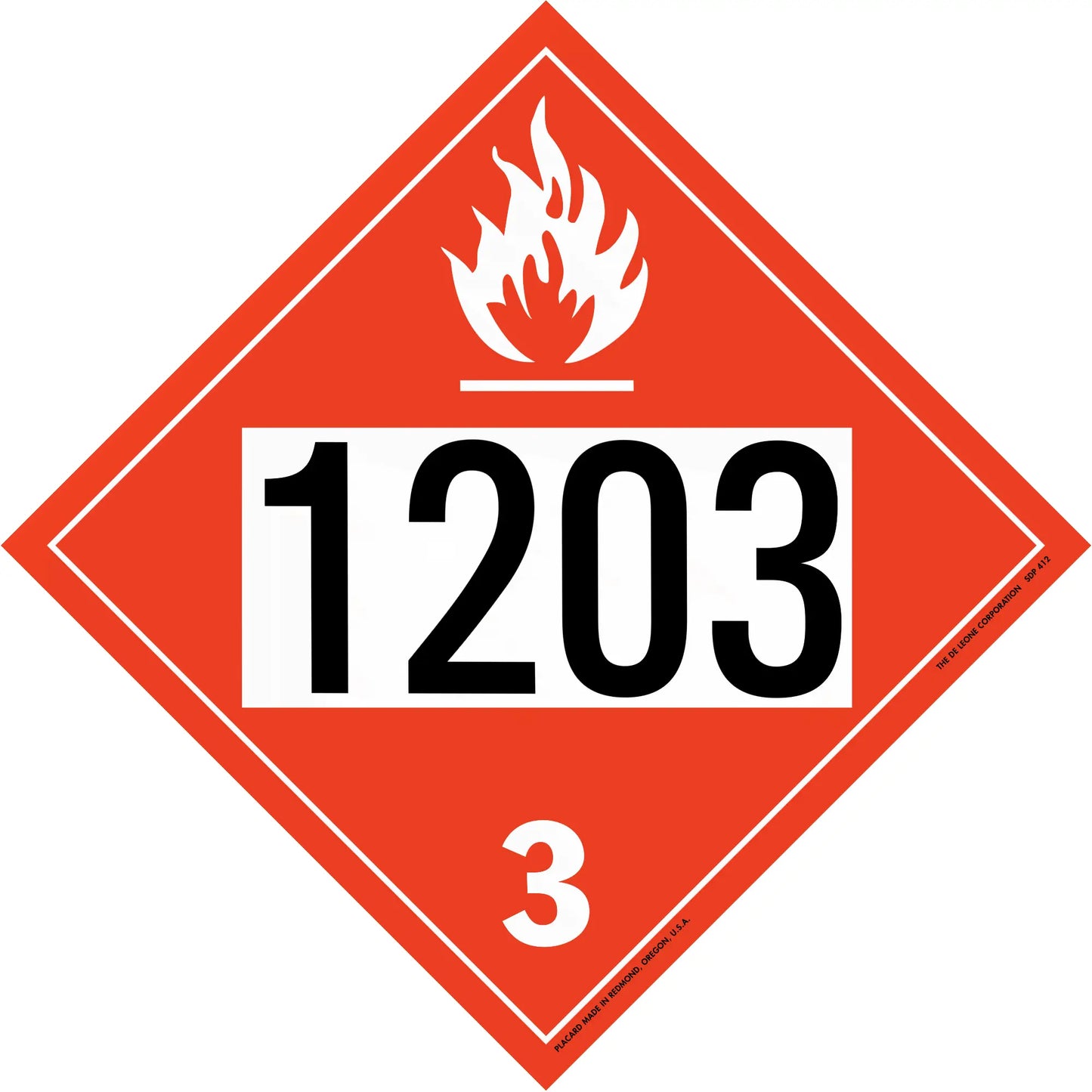 Red diamond-shaped hazardous material placard displaying ’1203’’ with a flame symbol and number 3.