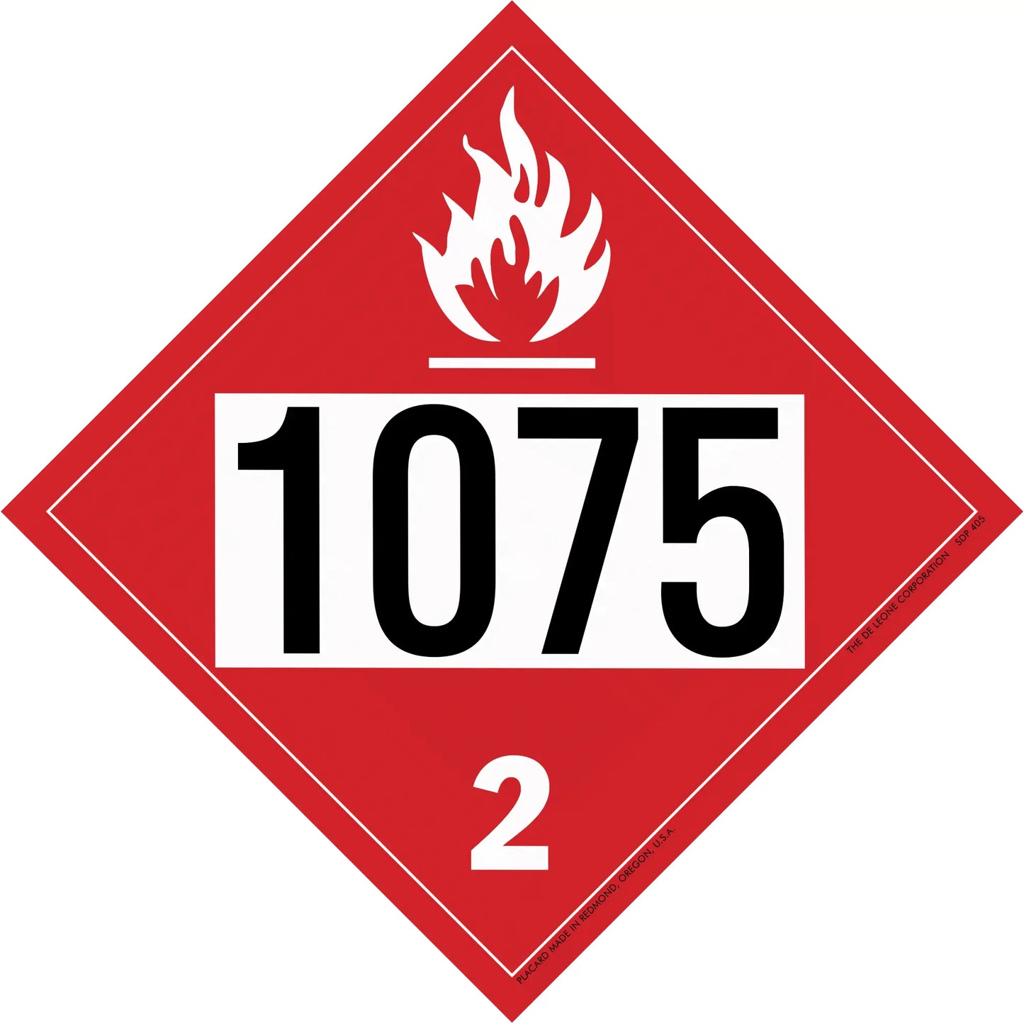Red diamond-shaped hazard placard displaying ’1075’’ and a flame symbol for flammable gas (Class 2).