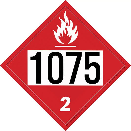 Red diamond-shaped hazard placard displaying ’1075’’ and a flame symbol for flammable gas (Class 2).