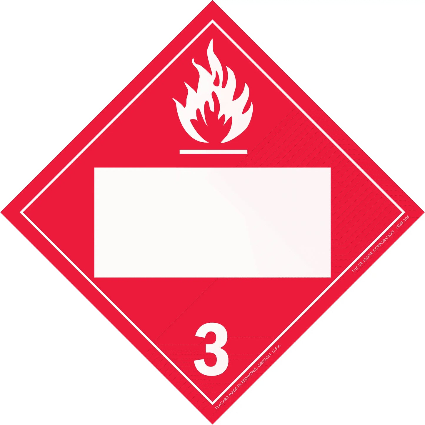 Red diamond-shaped hazard placard with flame symbol and number 3, indicating flammable liquids.