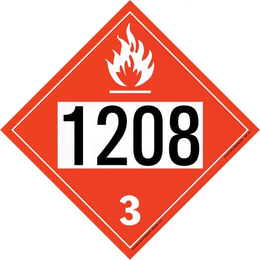 Red diamond-shaped hazardous material placard displaying ’1208’’ and ’3’’ with a white flame symbol.