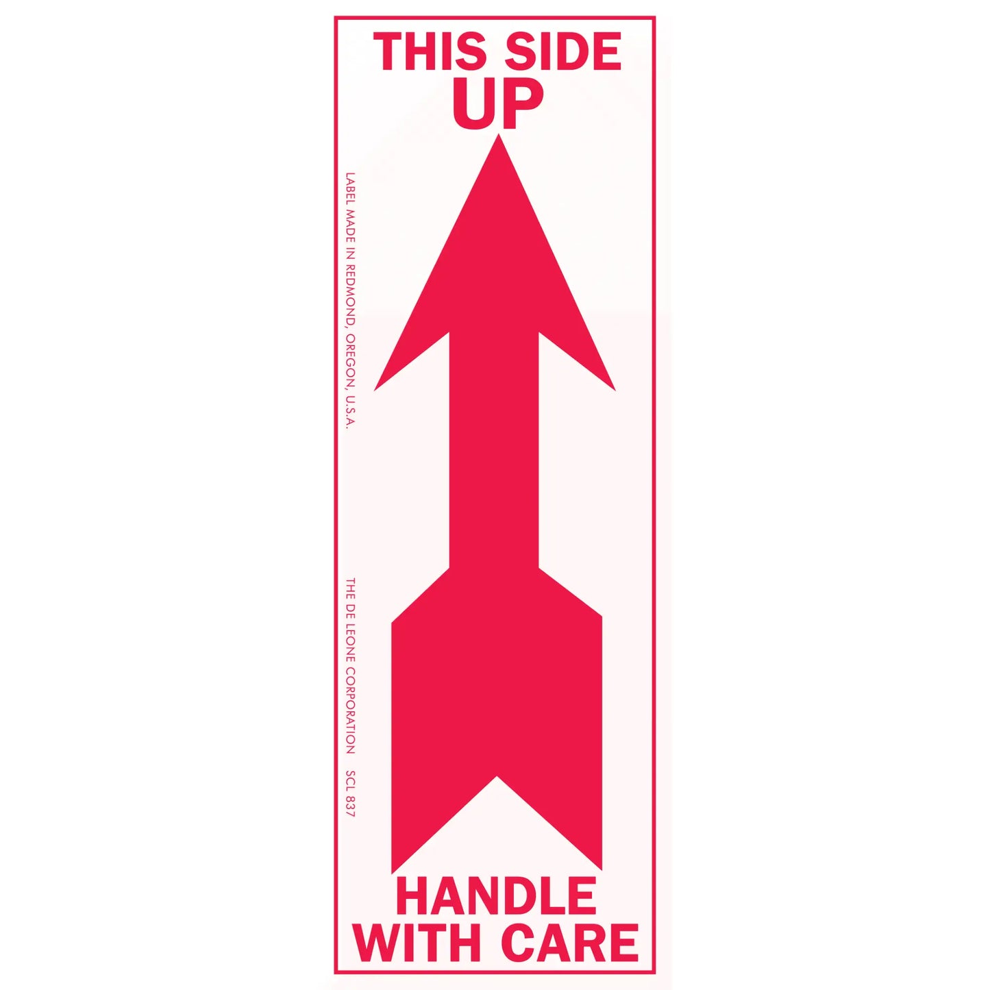 Red ’This Side Up’ and ’Handle With Care’ shipping label with an upward-pointing arrow.