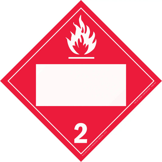 Red diamond-shaped hazard placard with flame symbol and number 2, indicating flammable gases.