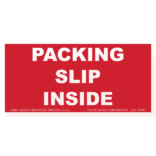 Red and white label stating ’PACKING SLIP INSIDE’