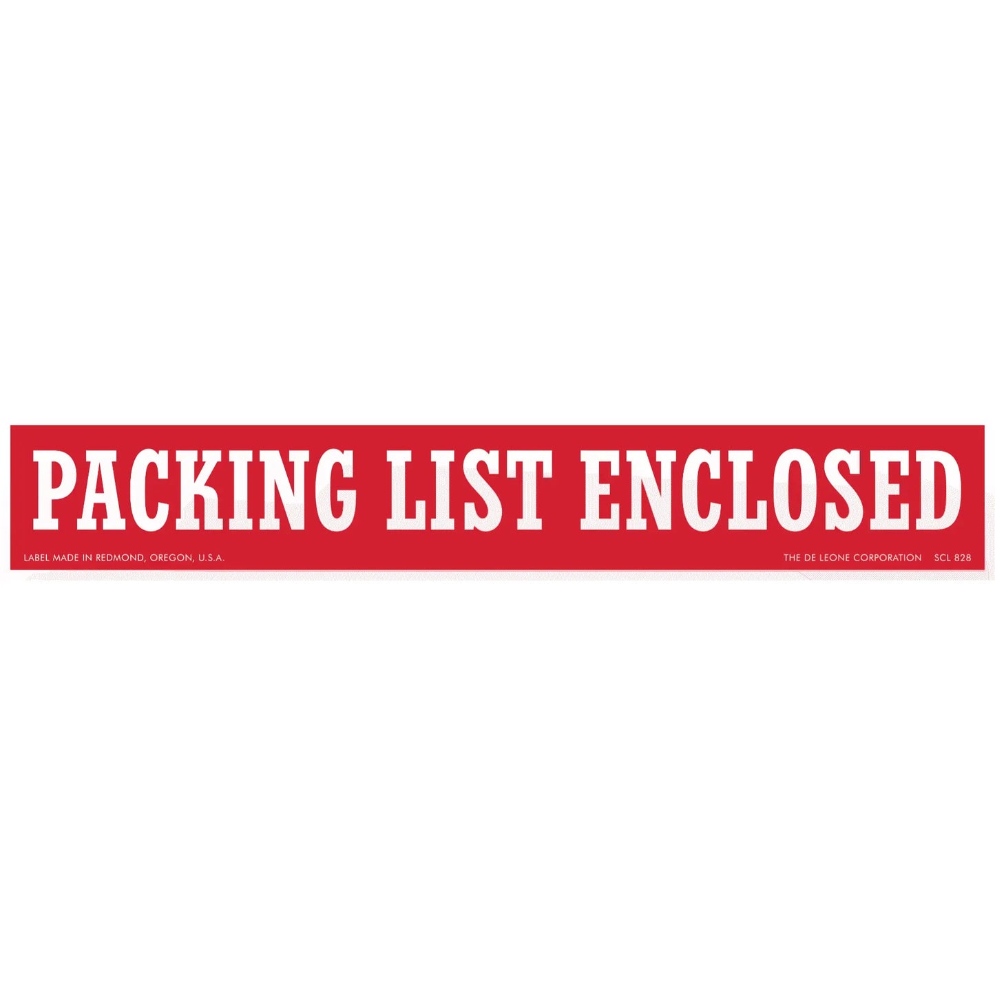 Red rectangular sticker with white text reading ’PACKING LIST ENCLOSED’
