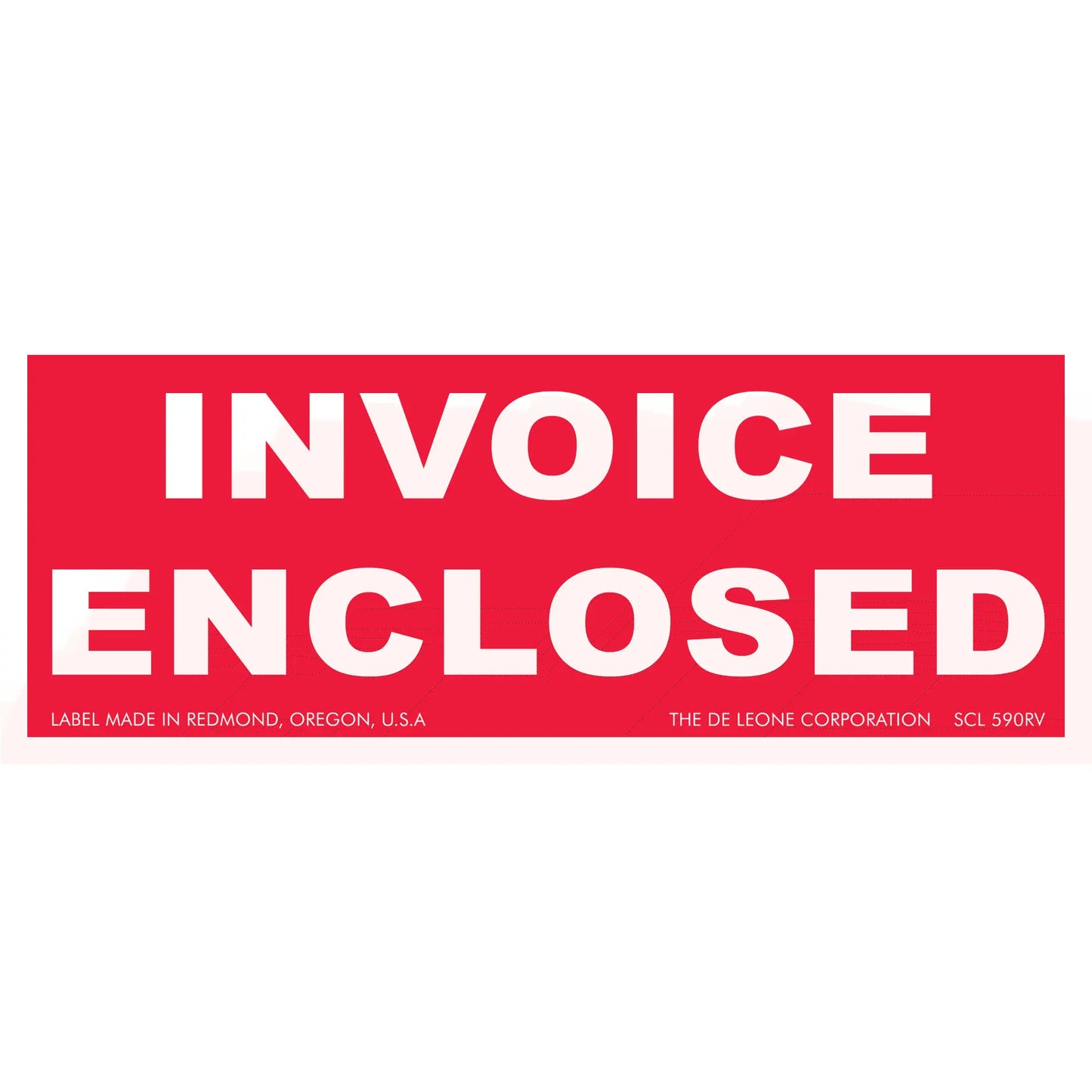 Red rectangular sticker with white text reading ’INVOICE ENCLOSED’