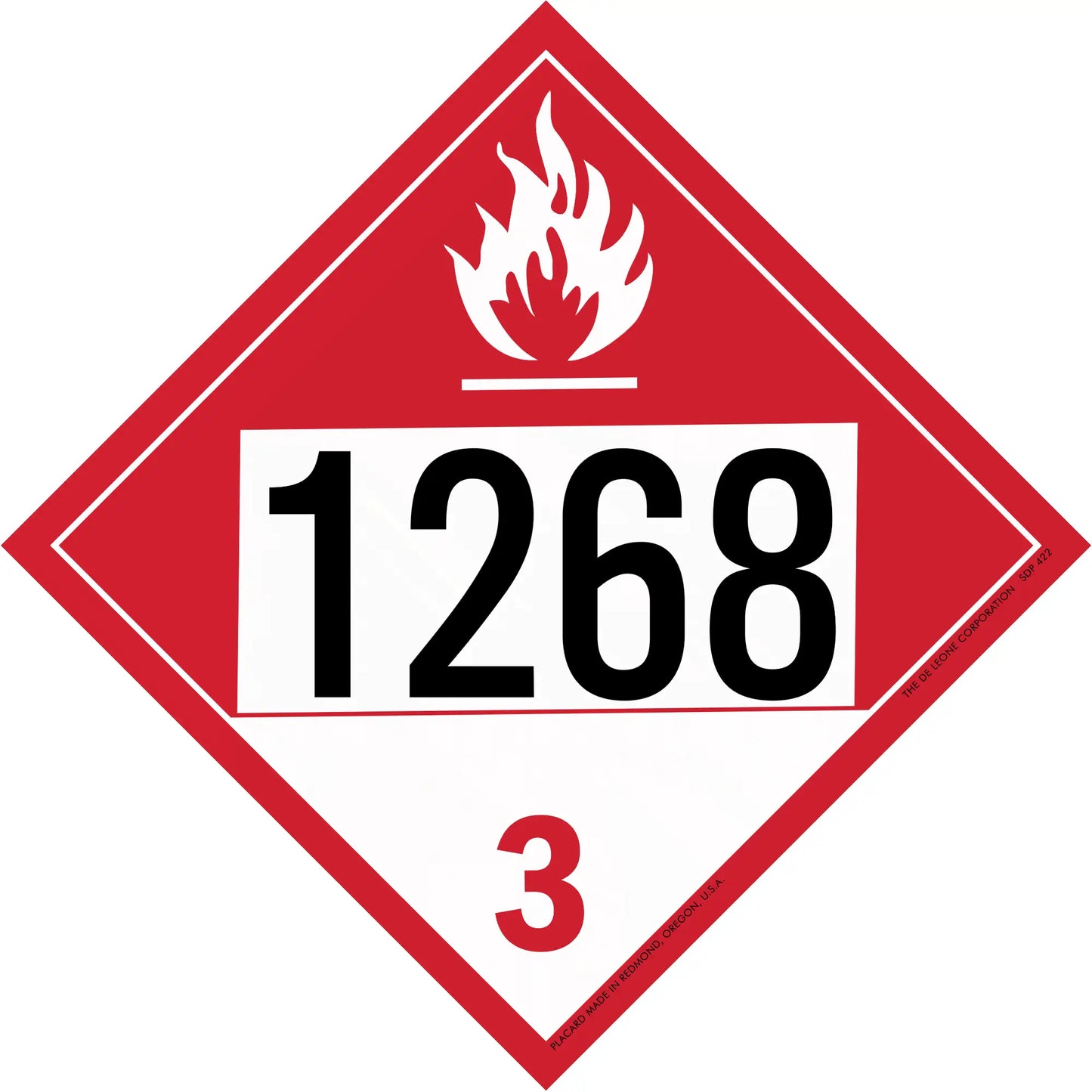 Red and white hazardous material placard displaying ’1268’’ with a flame symbol and number 3.