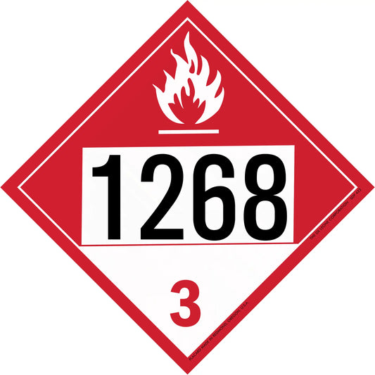 Red and white hazardous material placard displaying ’1268’’ with a flame symbol and number 3.