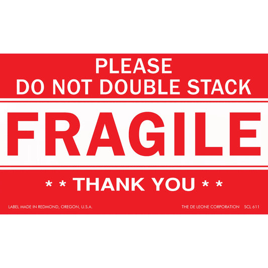 Red and white ’FRAGILE’ shipping label with ’PLEASE DO NOT DOUBLE STACK’ and ’THANK YOU’ text.