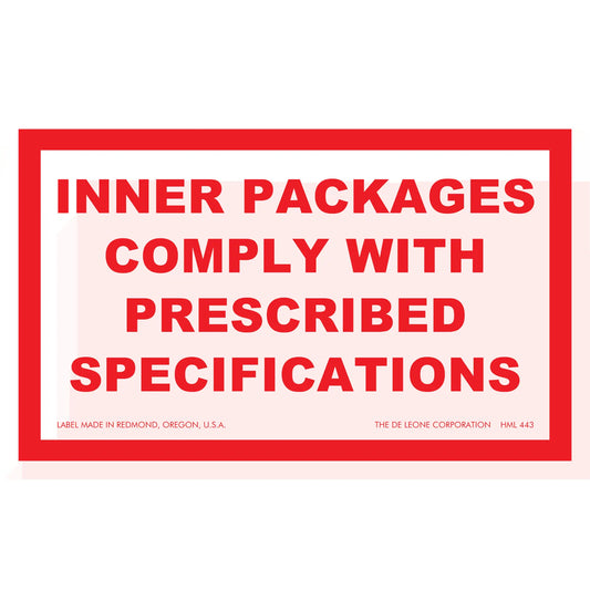 Red and white warning label stating ’INNER PACKAGES COMPLY WITH PRESCRIBED SPECIFICATIONS’