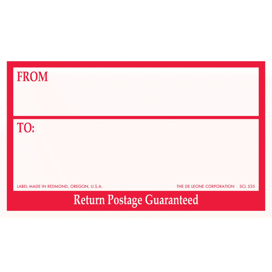 Red and white mailing label with ’From,’ ’To,’ and ’Return Postage Guaranteed’ text.