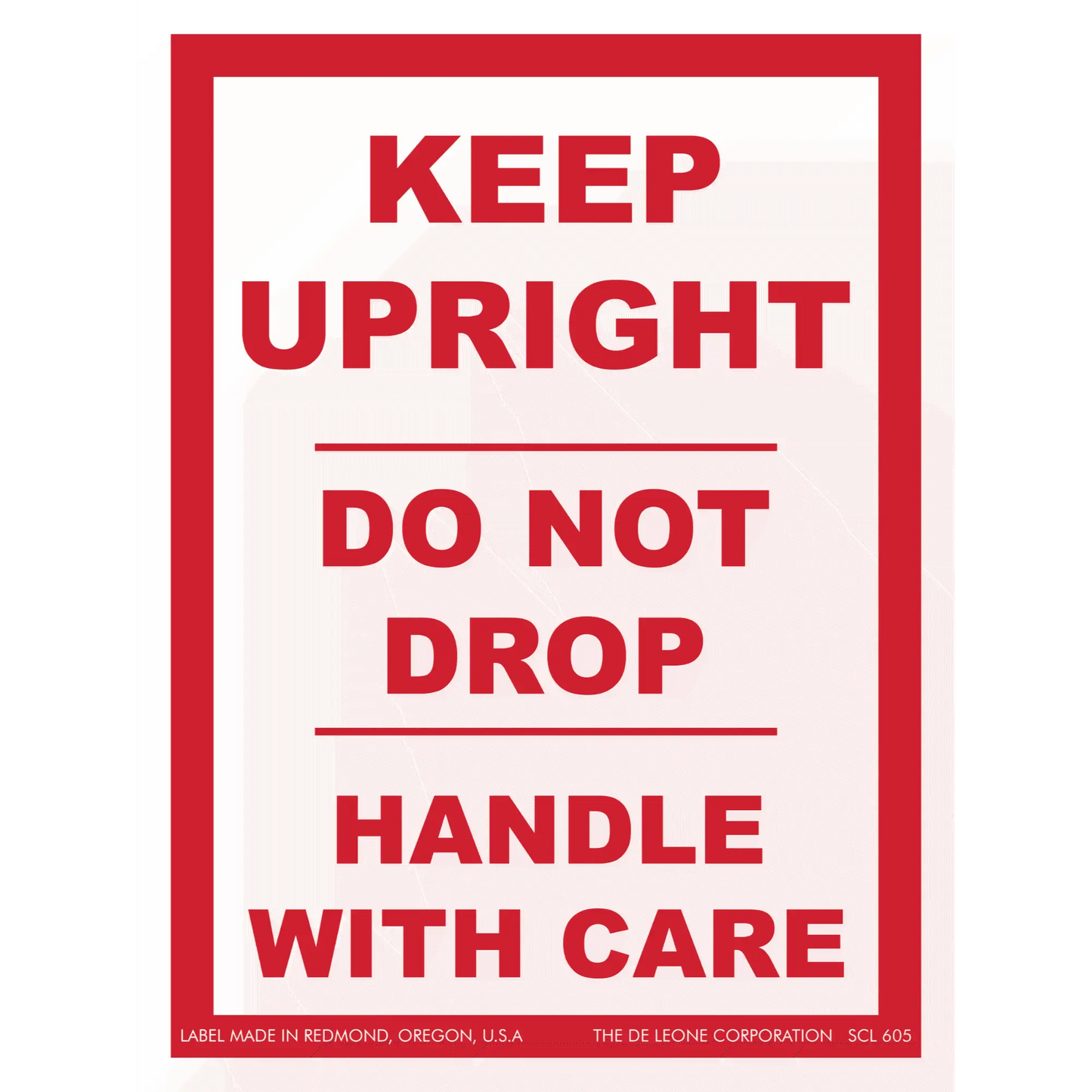 Red and white shipping label with handling instructions.