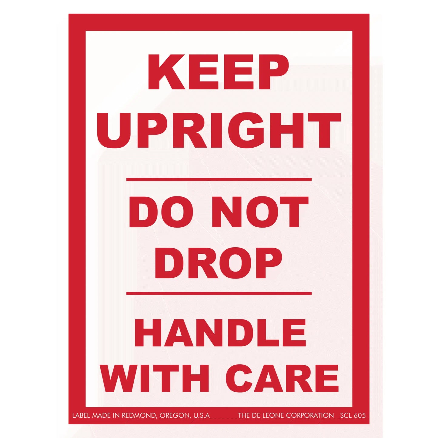 Red and white shipping label with handling instructions.