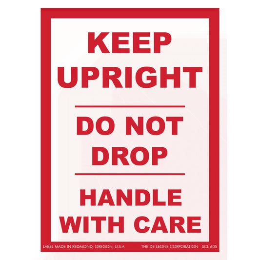 Red and white shipping label with handling instructions.