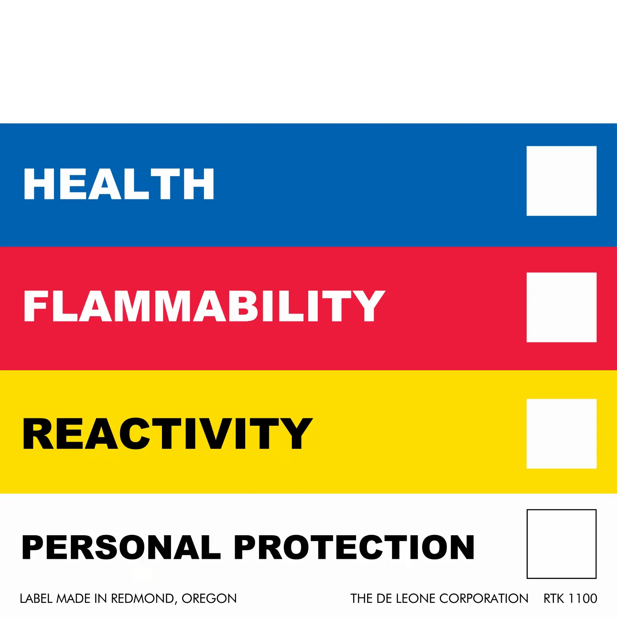 Hazard warning label with color-coded sections for health, flammability, reactivity, and personal protection.