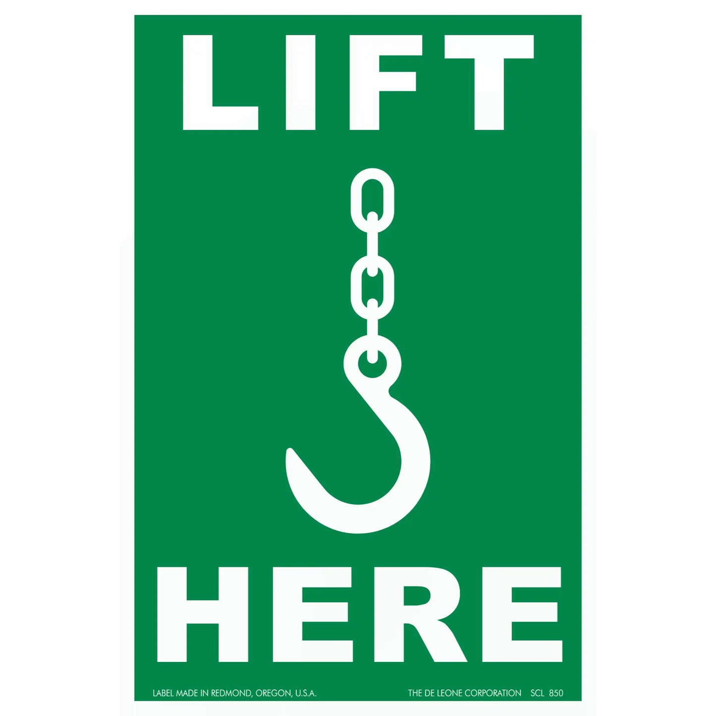 Green safety sign showing a crane hook symbol with ’LIFT HERE’ text.