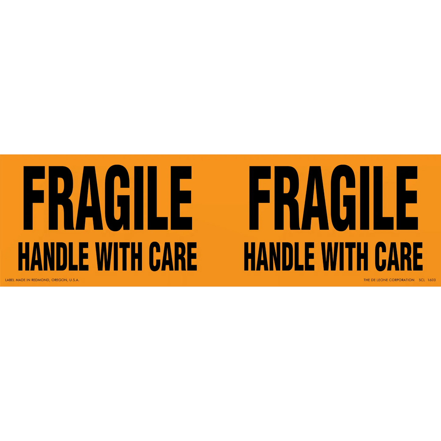 Orange warning label with black text reading ’FRAGILE HANDLE WITH CARE’ repeated twice.