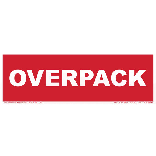 Red rectangular sign with white text reading ’OVERPACK’